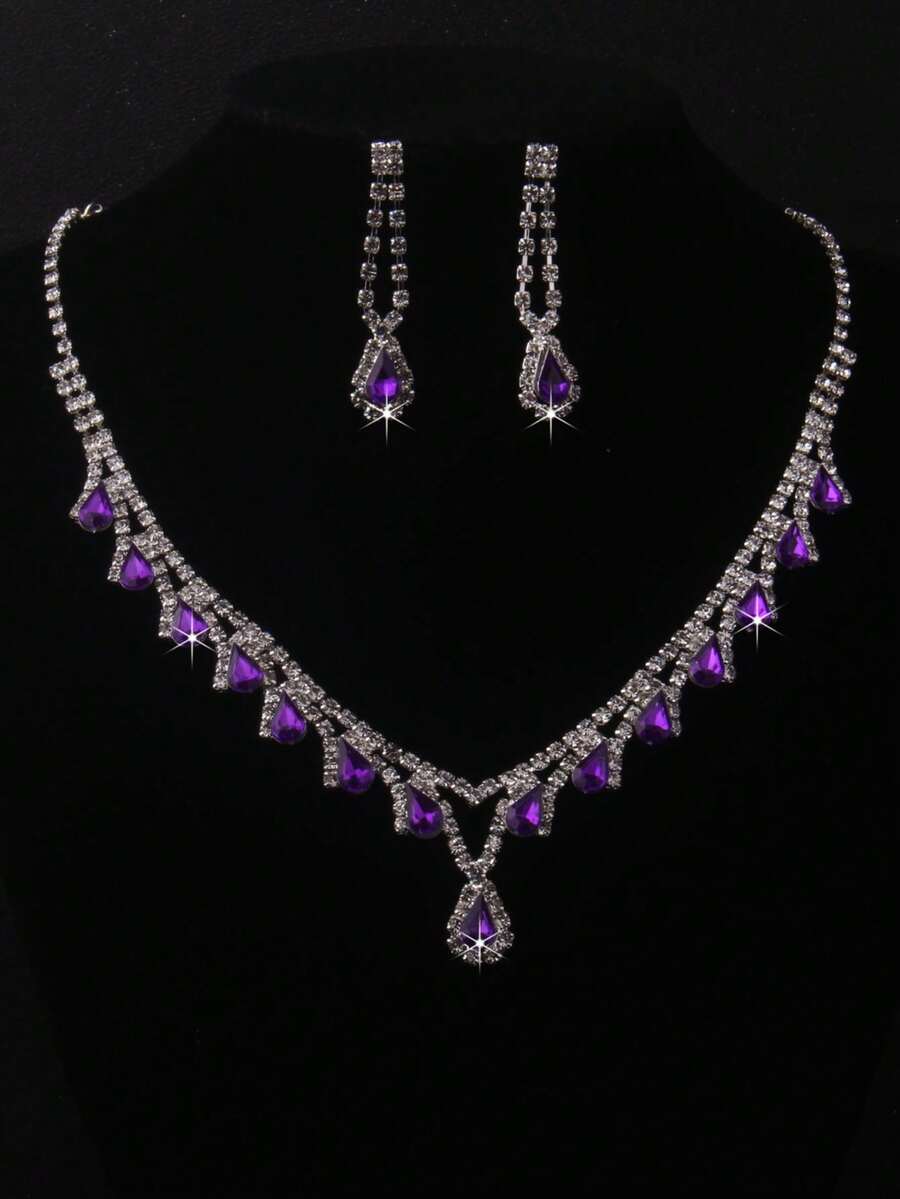 Bridal Jewelry Set, Purple/Blue/Red Necklace & Earrings Set, Wedding Dress Accessories, Necklace & Earrings For Women, Stage Performance Decorations - necklace+earring set - View 1