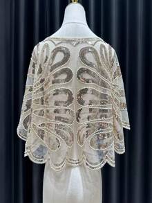 Fashionable Women's Sequin Versatile Cover Up Top, 3/4 Sleeve Jacket, Hollow Embroidery Sheer Short Cover Up - Multicolor - View 6