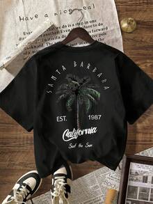 加州夏季海滩度假装扮，女士休闲圆领短袖T恤，加大码黑色 - 黑色 - 查看 2