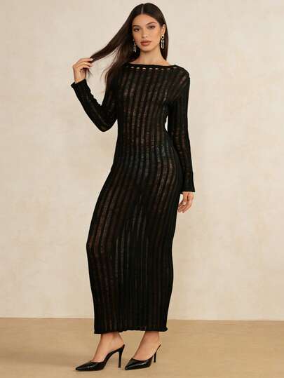 1件 Emile 纯色条纹性感镂空透视长袖连衣裙，适合春夏晚宴、度假、单身派对等场合，黑色连衣裙