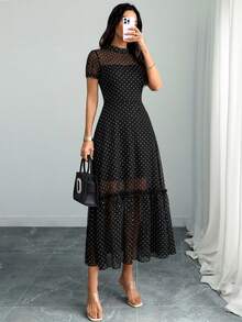 Women's Gothic Elegant Black Base Colorful Floral Print Mesh Round Neck Short Sleeve Waist Ruffle Hem Maxi Dress Summer - Multicolor - View 3