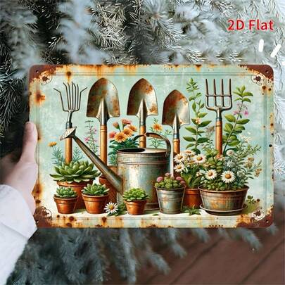 2D Printed, 1pc, Metal Iron Vintage Gardening Tool Theme Sign Plate, Retro Plant Decor Sign, Home Decor, Bedroom, Living Room, Porch, Outdoor Garden, 8X12 Inches