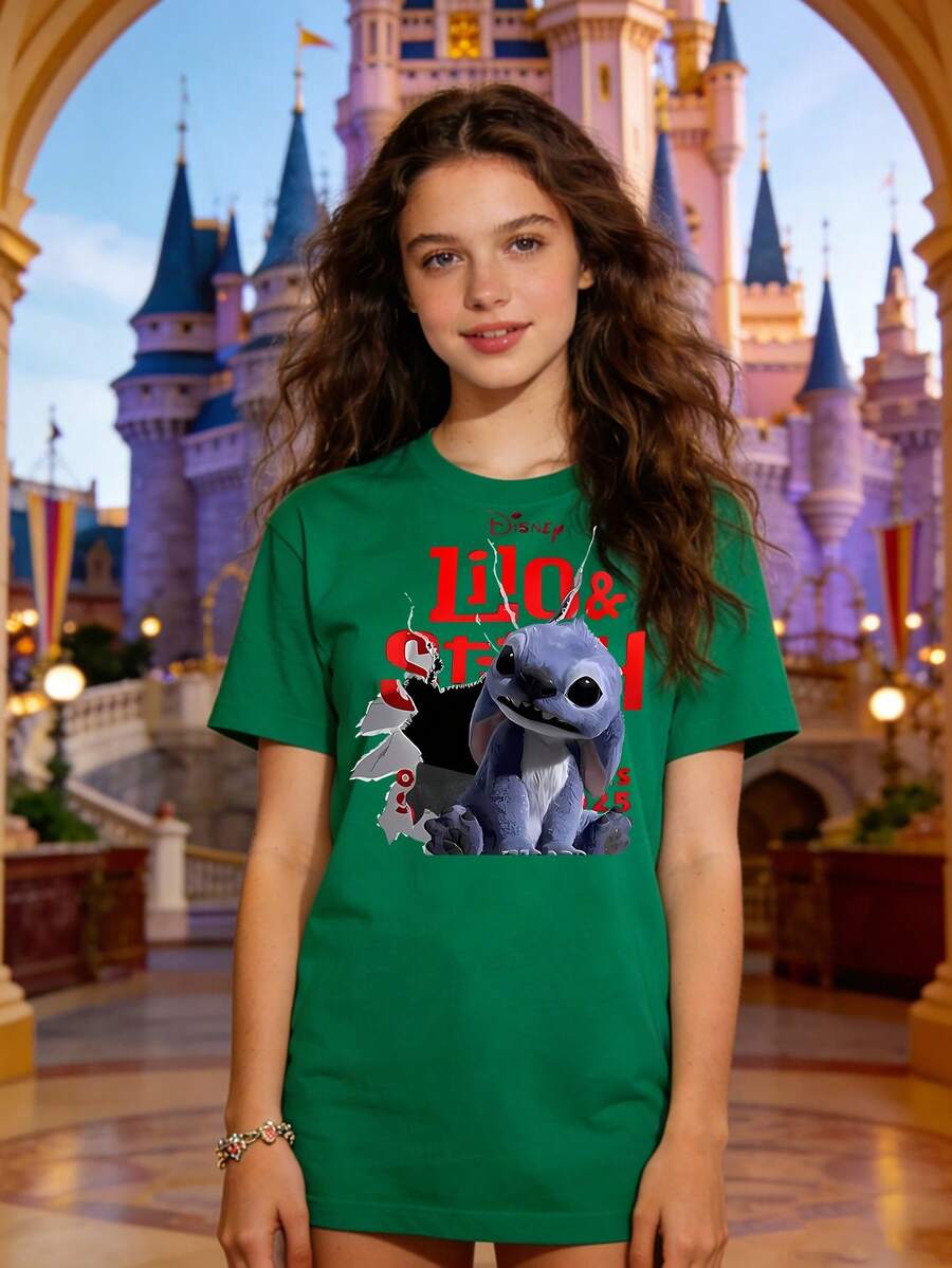 Disney Authorized Women's Casual Short Sleeve T-Shirt, Lilo & Stitch Breakthrough Print, Cool Bold Style, Breathable Comfortable Fabric, Machine Washable, All-Match For Multiple Scenarios - Green - View 1