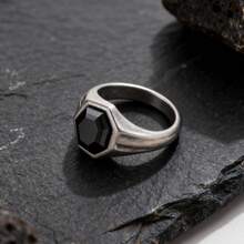 1 pieza Anillo negro geométrico hexagonal de acero inoxidable vintage, accesorio de estilo gótico para hombres - Negro de pistola - Ver 3
