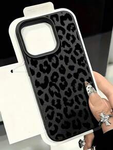 1个时尚豹纹荔枝纹哑光黑全包防震TPU手机壳，适用于苹果16、15、14、13、12、11、17 Pro Max，男女通用 - 彩色 - 查看 2