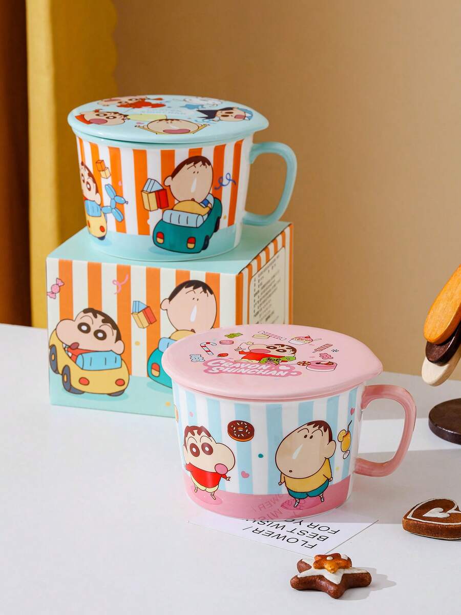 CRAYON SHINCHAN Bộ bát sứ hình hoạt hình Crayon Shin-Chan có nắp và tay cầm - Dùng được trong lò vi sóng - Bộ bát ăn trưa di động, lý tưởng cho mì, súp và ramen. - Nhiều màu - Xem 1