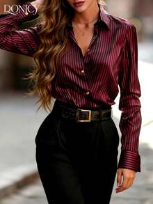 DONICY Women's Spring/Summer Burgundy Striped Lapel Single-Breasted Shacket, Fashionable Elegant Retro Luxury Outerwear For Casual, Business, Date, Party, Music Festival, Social Gathering - Burgundy - View 7