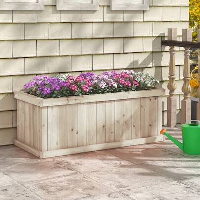  COSTWAY Raised Garden Bed, Fir Wood Rectangle Planter Box With Drainage Holes, Detachable Base Plate, Raised Patio Planter Kit Box, Indoor & Outdoor Planter Container For Balcony, Backyard, Garden, Natural