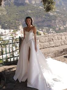 Glamorous Strapless Sweetheart Satin A-Line Wedding Dress With Beaded Trim, High Slit, Wedding Dresses For Bride, Elegant And Comfortable, Includes Plus Sizes, Bridal Gown, Formal Dresses For Women, Suitable For Wedding, Party, After-Party Dress, Cocktail Party, Bride, Formal Occasions, Dinner Dress, Prom Dress, Birthday Party, Celebration, Gala, Festival, Ceremony, Graduation, Homecoming Dress, Vacation, White - 白色 - 查看 3