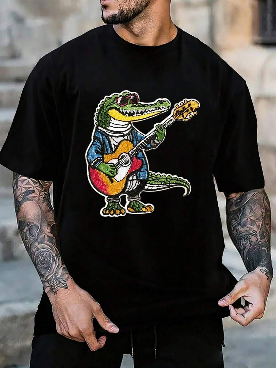 Camiseta Vibrante-Trendy Musical: Cocodrilo guitarrista Trendy con bordado colorido, Estética Moderna de Humor Musical – Estilo Juvenil Casual - Negro - Ver 1