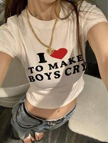 Camiseta de manga corta de cuello redondo para bebé estadounidense, nueva blusa corta de verano con estampado de corazón y letras, ajuste ceñido para mujer - Blanco - Ver 1