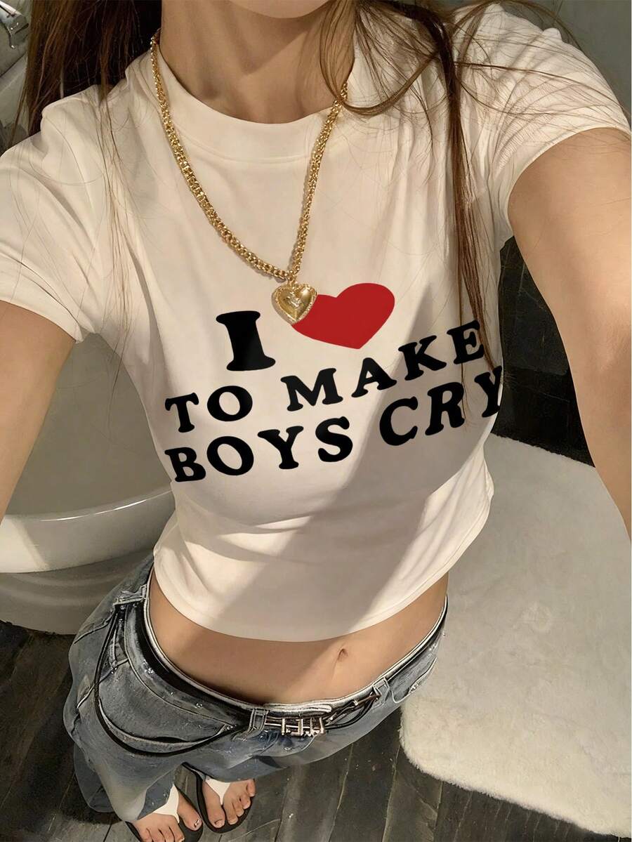 Camiseta de manga corta de cuello redondo para bebé estadounidense, nueva blusa corta de verano con estampado de corazón y letras, ajuste ceñido para mujer - Blanco - Ver 1