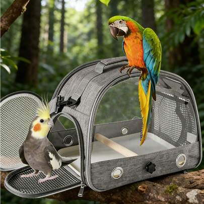 Portable Large Parrot Cage: Comes With Travel Bag, Metal Tray And Mesh - Suitable For Carrying/Transporting African Grey Parrots, Eclectus Parrots And Other Medium To Large Birds (Metal Food Dish Included)