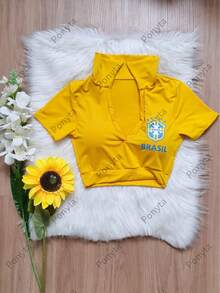 Cropped Top With Collar, World Cup Brazil Design, In Supplex Fabric With Padding. - Yellow - View 3