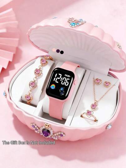 6/5 piezas Reloj digital LED elegante y lindo para niñas, emparejado con un conjunto de joyería de collar, pulsera, anillo y aretes con decoración de rhinestone, adecuado para uso diario de niñas, perfecto para fiestas, vacaciones, viajes, reuniones, regalos de cumpleaños/fiestas, regreso a la escuela, regalos para amigos, vida diaria, accesorios para niñas, Acción de Gracias, regalo de Pascua para niñas