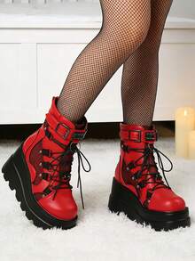Gothic Platform Combat Boots Wedge Heel Lace Up Ankle Motorcycle Goth Rivet Buckle Fashion Women Booties Shoes - 紅色 - 查看 4