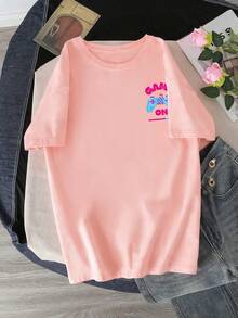 少女字母和游戏机图案圆领短袖T恤，春夏新款 - 粉色 - 查看 2