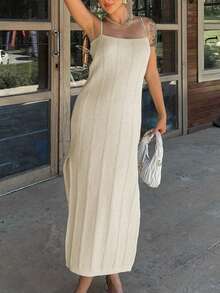 Vestido de punto de estilo bohemio de longitud media para mujer, sin mangas, sin tirantes, vestido elegante con diseño de abertura - Albaricoque - Ver 5