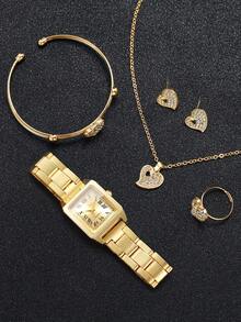 6件套女士礼品套装：方形罗马数字表盘石英表+心形水钻首饰套装（套装不含手表） - 金色 - 查看 8