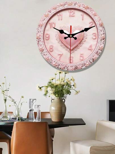 1pc 2D Flat Pink Heart Shaped Wooden Silent Quartz Wall Clock, Suitable For Bedroom, Living Room, Kitchen, Office Decor, Size 10/12 Inch (Batteries Not Included), New Year Holiday Decor