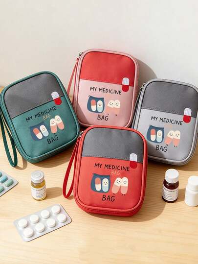 1 pieza Botiquín médico portátil impreso con "My Medicane Bag" y patrón de pastillas, bolsa de medicina portátil para camping, botiquín de primeros auxilios compacto, versión de bolsa de almacenamiento portátil para viajes y hogar, bolsa de medicina pequeña, kit de medicina conveniente, kit de emergencia, disponible en varios colores, artículos esenciales para volver a la escuela, para uso diario/al aire libre/viajes, esencial para usuarios conscientes de la salud y en movimiento, accesorio médico imprescindible, organizador de atención médica diaria