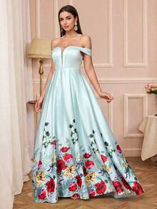 优雅露肩长款伴娘礼服，印花图案，无袖梭织面料设计 - 薄荷綠 - 查看 4