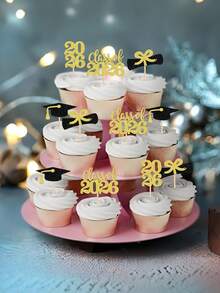 4pcs 2026 Graduation Cupcake Toppers, Blue/Pink/Red/Gold Glitter Double-Sided Graduation Cap Cake Decorations, 2026 Graduation Party Cake Topper Picks, Dessert Decor With Diploma And Graduation Cap Designs, Suitable For 2026 Graduation Party Decorations - Multicolor - View 10