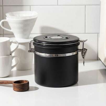 1pc Stainless Steel Airtight Coffee Bean Canister With Date Valve, Powder/Tea Leaf Storage Container, Moisture-Proof Kitchen Countertop Canister For Coffee Powder, Espresso, Hand Drip Coffee, Tea Leaves, Snacks