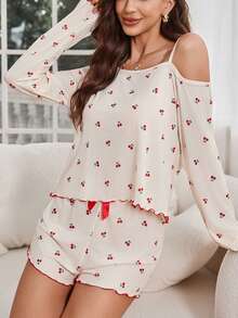 女士樱桃印花荷叶边撞色滚边优雅长袖上衣和短裤睡衣套装 - 杏色 - 查看 3
