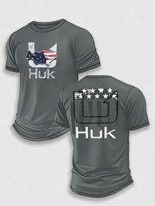 (220 Pieces Of Pure Cotton T-Shirts)HUK STEALTH PATRIOT Fishing Performance T-Shirt, Moisture Wicking Quick Dry Tee, High-Quality Graphic Printed Outdoor Sportswear, Men's Short Sleeve Shirt, Tactical Camo Flag Art, Stealth Hook Graphic, Holiday Gift, Performance Gear, Lightweight Breathable, Camisetas Para Hombre, Men Vacation Outfits, Urban Outdoor Style - 灰色 - 查看 1