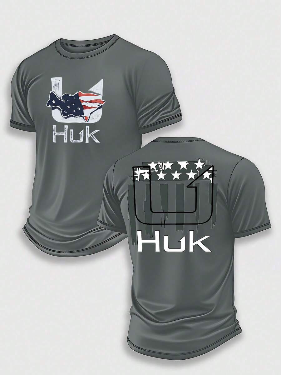 (220 Pieces Of Pure Cotton T-Shirts)HUK STEALTH PATRIOT Fishing Performance T-Shirt, Moisture Wicking Quick Dry Tee, High-Quality Graphic Printed Outdoor Sportswear, Men's Short Sleeve Shirt, Tactical Camo Flag Art, Stealth Hook Graphic, Holiday Gift, Performance Gear, Lightweight Breathable, Camisetas Para Hombre, Men Vacation Outfits, Urban Outdoor Style - 灰色 - 查看 1