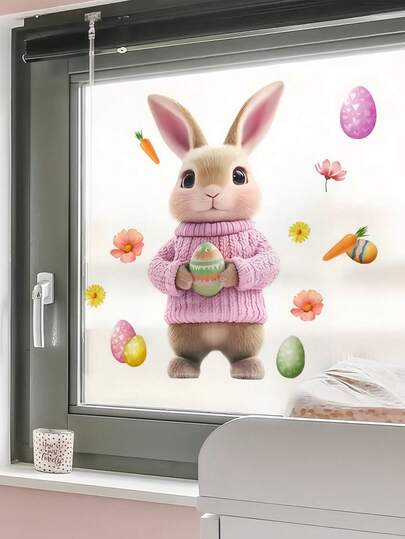 1 pieza Pegatina de ventana de conejo de Pascua - Pegatina de pared de PVC resistente al agua, adecuada para dormitorios, salas de estar, porches y ventanas. Un regalo decorativo festivo de primavera para familiares y amigos. Ideal para decoración de habitaciones, decoración de paredes, decoración de baños, decoración de dormitorios, decoración de salas de estar, decoración del hogar, decoración del hogar, arte de pared de salas de estar y pegatinas de papel tapiz.