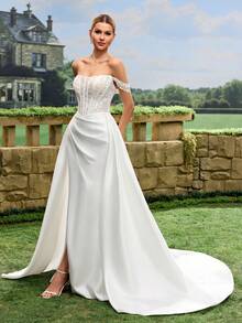 Elegant Embroidered Mesh Patchwork Wedding Dress - White - View 12