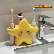 1pc Cute Star-Shaped Toothbrush Holder - Freestanding Plastic Bathroom Storage Box With Smiling Face Design, Space-Saving Adorable Star Shape, Suitable For Countertop, Sink, Bathtub - Can Hold Toothbrush And Toothpaste (No Installation Required) - Bathroom Decor - Yellow - View 7