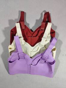 3件装休闲舒适简约露背文胸，高弹针织面料透气成熟优雅法式风格女士打底衫，无钢圈宽松百搭防下垂文胸 - 彩色 - 查看 10