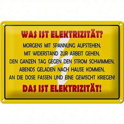 1pc Vintage Metal "What Is Electricity?" Humorous Warning Sign - 8x12 Inches, Yellow With German Text, Ideal For Home, Bar, Office, Cafe Wall Decor, Durable Metal Construction