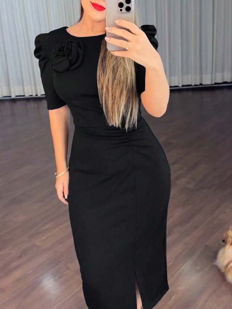 ChicMe 圆领花瓣袖3D立体花卉装饰优雅商务休闲褶裥开衩中长连衣裙，适合办公室穿着 - 黑色 - 查看 3