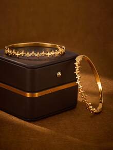 1/2/3 件装 时尚经典闪亮镀 24K 金不锈钢手工雕刻四角星手链，直径 60 毫米，可打开，适合女士日常佩戴，不含包装盒 - 鋼四芒星手鐲 - 查看 3