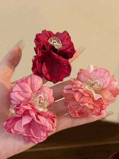 3pcs 3D Flower Women's Hair Claw Clip, Pink Small Claw Clip, Side Clip For Half-Up Hair, Elegant, Vacation Style, Beach, Outing, Stylish, Cute, Everyday Use, Holiday Gatherings, Party Events, Travel Outfit, Gift For Girls On Holidays Summer Hair Accessories Flower Hair Clips Beach Hair Clutch