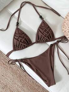 Bikinx Conjunto de bikini de mujer con tirantes de espagueti cruzados y sexy, con Bottom de bañador con lazos laterales, de tela de alta elasticidad - Óxido marrón - Ver 5