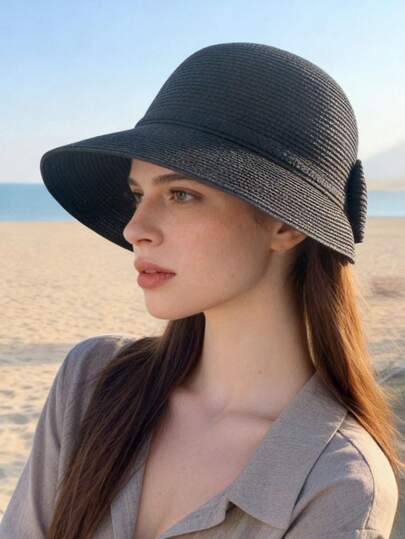 1pc Women's Solid Color Bowknot Straw Hat, Woven Sun Hat For Outdoor Use, Suitable For Spring & Summer Daily Wear And Travel
