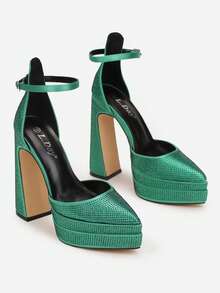 Women's Rhinestone Pointed Toe Elegant High Heel Platform Shoes With Adjustable Buckle Design - Green - View 2