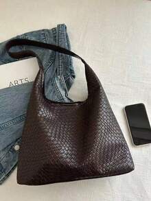 时尚女士新月形编织单肩包，PU皮革斜挎包带零钱包，新款时尚大容量女士包 - 棕色 - 查看 8