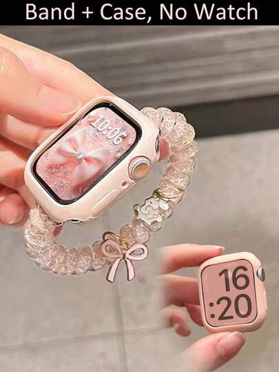 一套兼容苹果手表表带和TPU保护壳的手机挂绳表带 - 透明粉色弹力表带，配有可爱卡通蝴蝶吊坠，兼容苹果手表38、40、41、42、44、45、46毫米（SE/Ultra/1、2、3、4、5、6、7、8、9、10、11系列），清新时尚的女士智能手表配件