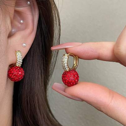 1 par de pendientes elegantes y minimalistas con decoración de strass rojos, adecuados para mujeres