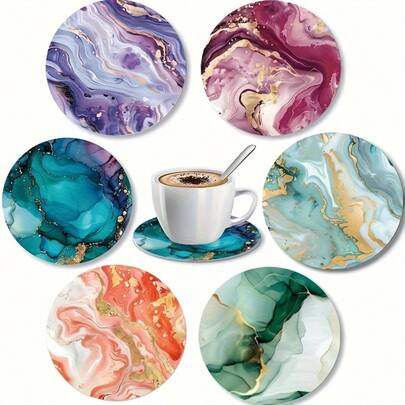 6/120 pièces Dessous de verre ronds en bois avec motif céramique 2D imprimé, convient pour le patio, la cuisine, le salon, les rassemblements à la maison, la décoration de table à manger, les cadeaux pour les amis et la famille, idéal pour la Saint-Valentin, les mariages, les anniversaires, les fêtes, les accessoires de décoration d'intérieur