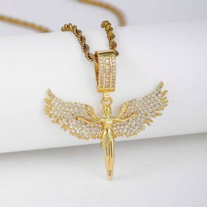 Unisex Vintage Gold-Tone Rhinestone Angel Wings Necklace Pendant, Suitable For Rap/Hip-Hop Style, Great Gift For Easter, Ramadan
