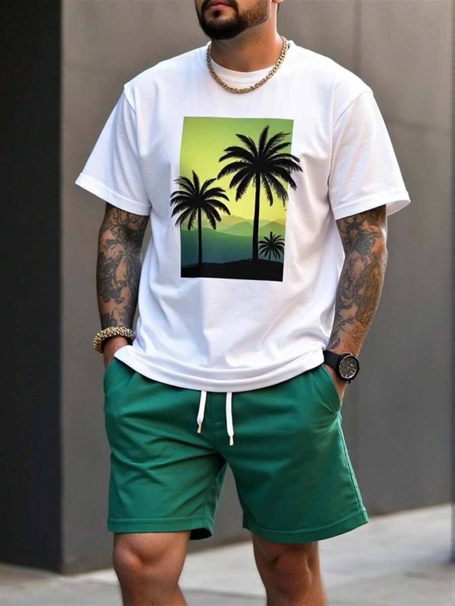 YCJ Men's Tropical Palm Tree Gradient Green And Yellow Printed T-Shirt-Loose Short-Sleeved T-Shirt, Loose Round Neck Summer Shirt, Palm Tree Silhouette And Gradient Design, Suitable For Beach Vacation And Independence Day. - White - View 1