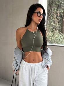 Aoqta Sports 女士纯色性感修身圆领运动文胸，夏季健身、瑜伽、普拉提及外出穿着皆宜 - 橄欖綠 - 查看 4