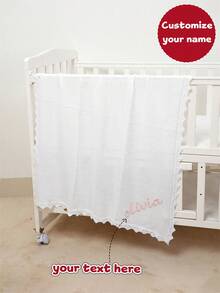 Handmade Embroidered Personalized Name Kids Knitted Blanket, Soft Wavy Edge Baby Throw Blanket - White - View 2